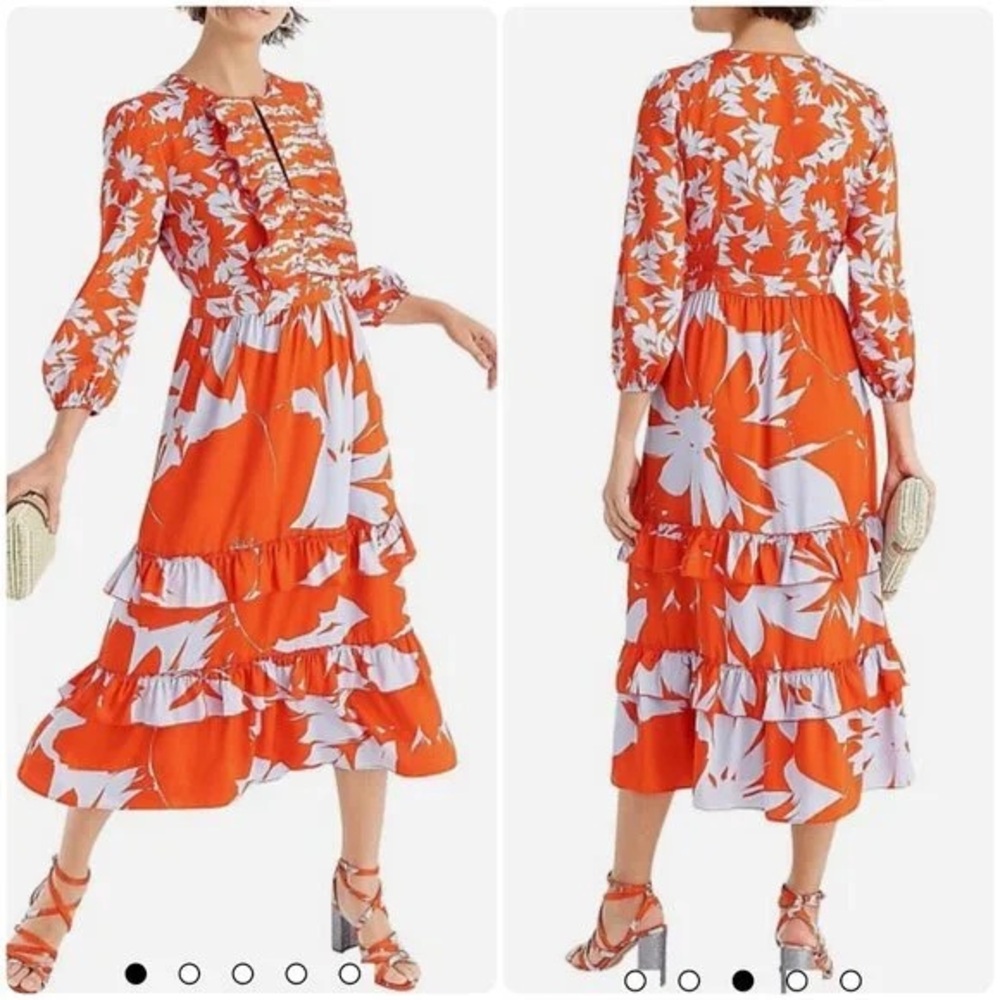 J. Crew Vibrant Orange Floral Long Sleeve Tiered Dress